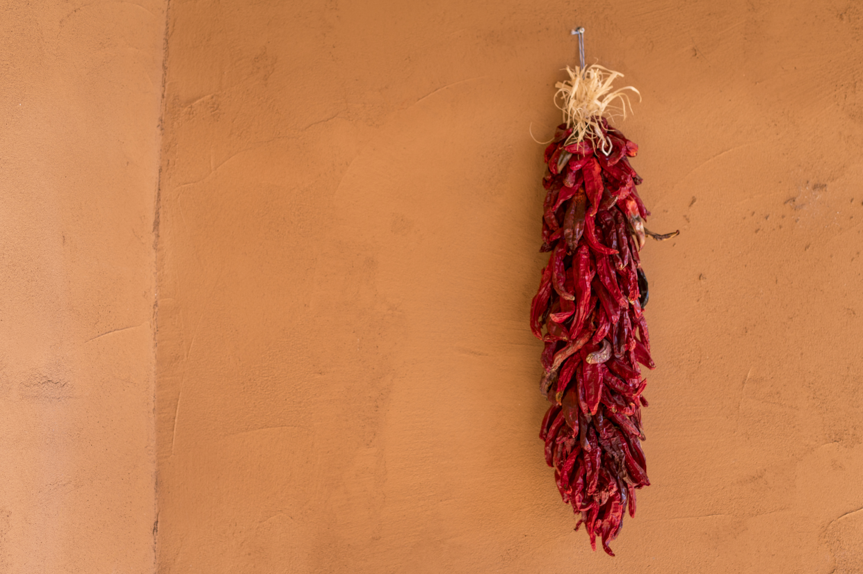 Red Hatch Chile Ristra Hanging With Terracotta Background, New Mexico