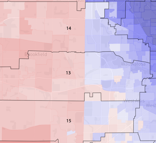 The 2011 state Assembly map cracks Wauwatosa into three districts: 13, 14, and 15.