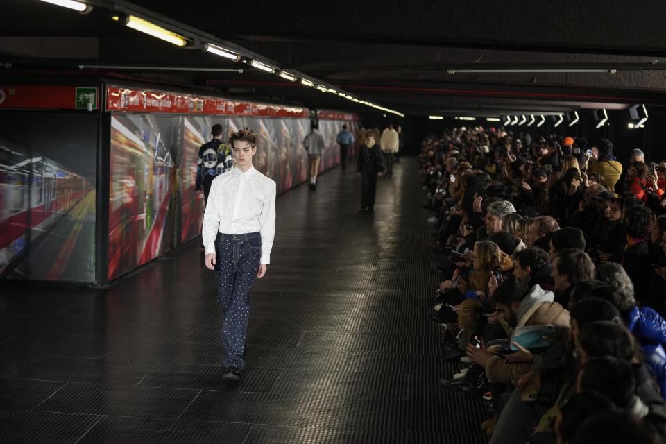 A model wears a creation as part of the men's MSGM Fall-Winter 2024-2025 collection, that was presented in Milan, Italy, Saturday, Jan. 13, 2024. (AP Photo/Antonio Calanni).