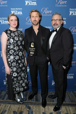 <p>Rebecca Sapp/Getty</p> Greta Gerwig and Steve Carrell paid tribute to Gosling on the night