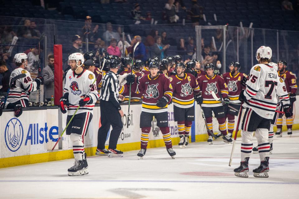 The Chicago Wolves celebrate one of their six goals during their Game 1 win over the Rockford IceHogs in Rosemont on Thursday, May 12, 2022.