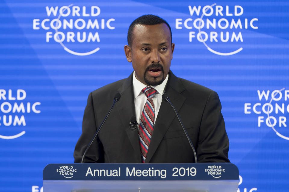 FILE - Ethiopian Prime Minister Abiy Ahmed Ali speaks during a panel session at the 49th annual Meeting of the World Economic Forum, Jan. 23, 2019, in Davos, Switzerland. Landlocked Ethiopia took the first steps toward gaining access to the sea on Monday, Jan. 1, 2024, signing an agreement in its capital Addis Ababa with the breakaway Somali region of Somaliland to access the Somaliland coastline. The memorandum of understanding was signed by Ahmed Ali and Somaliland President Muse Bihi Abdi. (Laurent Gillieron/Keystone via AP, File)