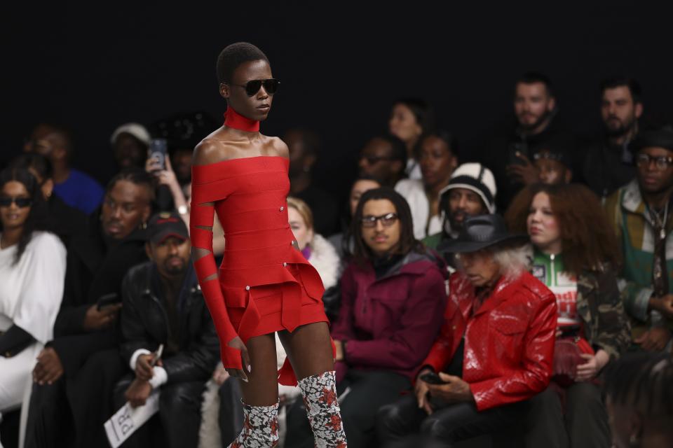 A model wears a creation as part of the Off-White Fall/Winter 2024-2025 ready-to-wear collection presented Thursday, Feb. 29, 2024 in Paris. (Photo by Vianney Le Caer/Invision/AP)