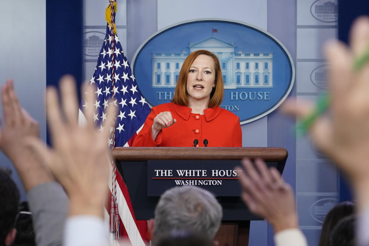 White House press secretary Jen Psaki speaks during the daily briefing at the White House in Washington, Monday, Dec. 20, 2021. (AP Photo/Susan Walsh)