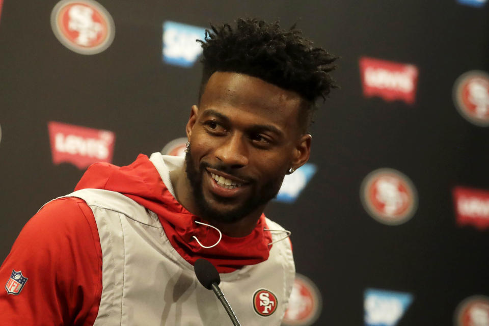 San Francisco 49ers wide receiver Emmanuel Sanders speaks during a news conference at the team's NFL football training facility in Santa Clara, Calif., Thursday, Jan. 23, 2020. The 49ers will face the Kansas City Chiefs in Super Bowl 54. (AP Photo/Jeff Chiu)