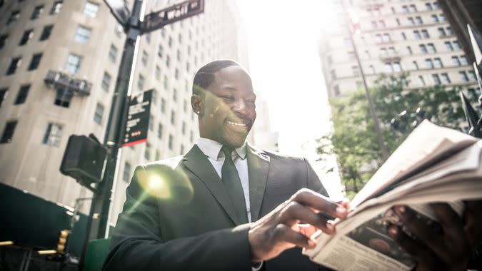 Stock, shares, NASDAQ, S&P 500, money, Business man portrait.