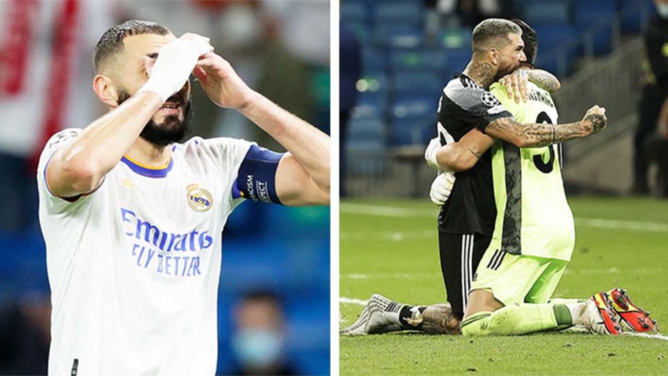 Sheriff players (pictured right) celebrating their win over Real Madrid and (pictured left) Karim Benzema looking disappointed.