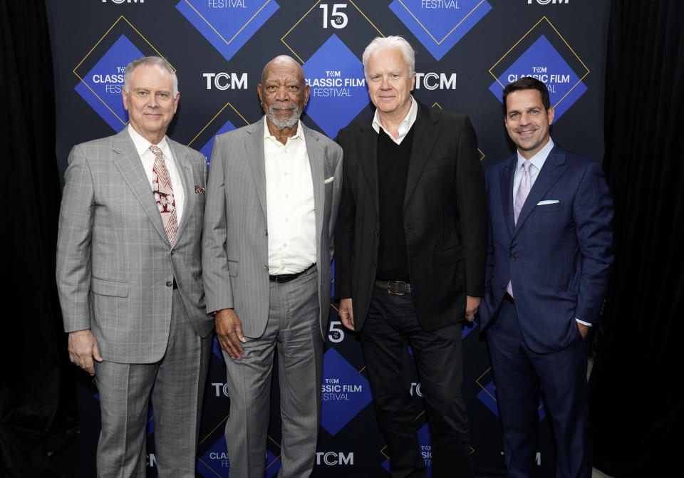 TCM Host Eddie Muller, Morgan Freeman, Tim Robbins and TCM Host Dave Karger attend the "The Shawshank Redemption" screening