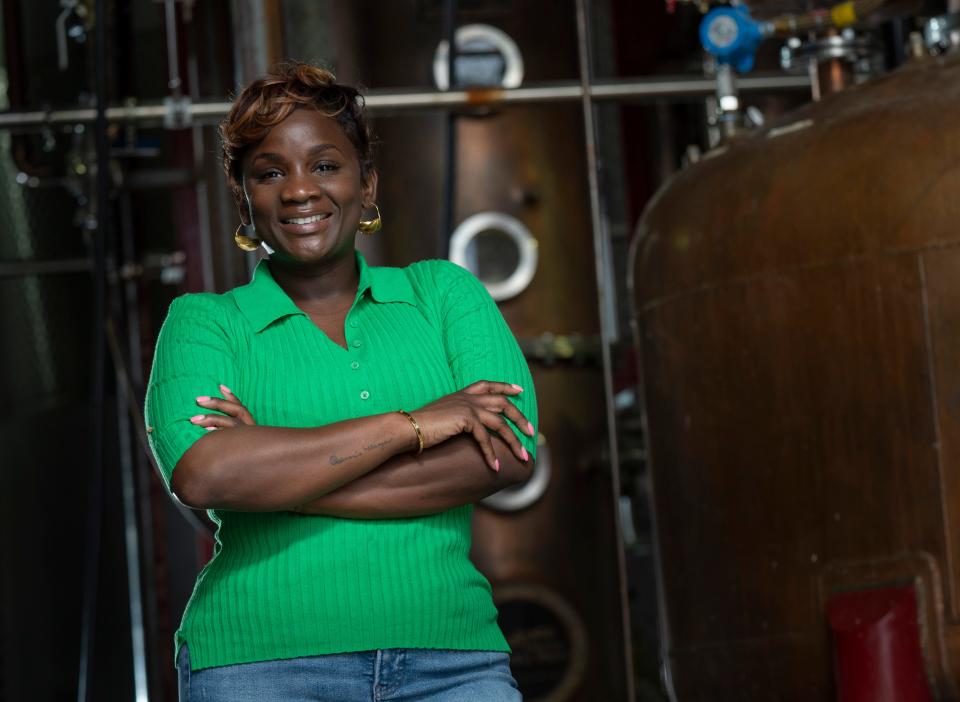 Master blender Eboni Major poses for a portrait at Corsair Distillery on Feb. 22, 2023, in Ashland City, Tenn. Major consults with different distillers, including Corsair, to help their whiskey making process.