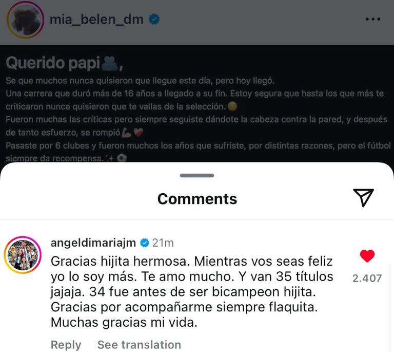 La cómica respuesta de Ángel Di María a la carta de su hija, Mía