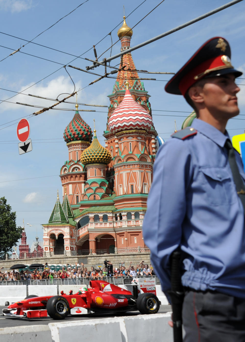 Formula One Scuderia Ferrari team driver Giancarlo Fisichella speeds past St. Basil's Cathedral during the "Moscow City Racing" show on July 15, 2012 in central Moscow. AFP PHOTO / KIRILL KUDRYAVTSEVKIRILL KUDRYAVTSEV/AFP/GettyImages