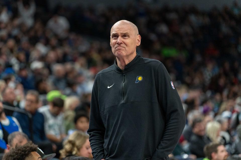 Dec 16, 2023; Minneapolis, Minnesota, USA; Indiana Pacers head coach Rick Carlisle is down by 17 points to the Minnesota Timberwolves in the third quarter at Target Center. Mandatory Credit: Matt Blewett-USA TODAY Sports