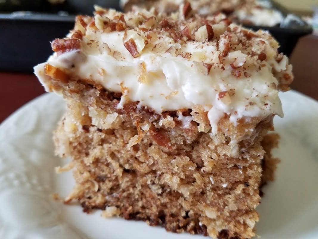 <p>Moore or Less Cooking</p><p>Preacher cake is a simple but amazing cake recipe with pineapple, coconut, pecans and cream cheese frosting. <a href="https://mooreorlesscooking.com/2017/08/02/preacher-cake/" rel="nofollow noopener" target="_blank" data-ylk="slk:Get the recipe here;elm:context_link;itc:0;sec:content-canvas" class="link rapid-noclick-resp">Get the recipe here</a></p>