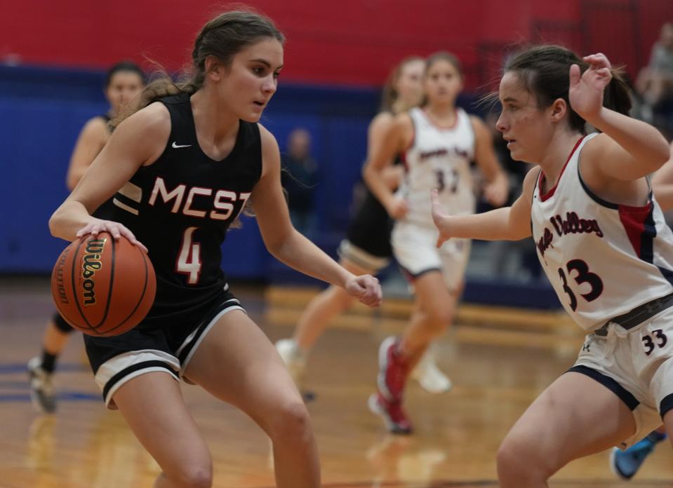 Harper Felch of Morris Tech and Regina Williams of Lenape Valley in the first half as Morris Tech defeated Lenape Valley 63-48 in a NJAC-Colonial girls basketball game played in Stanhope, NJ on January 19, 2023.