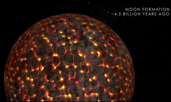 This NASA image shows the moon coalescing from debris created when a Mars-size object slammed into the early Earth. Carbon found in lunar samples suggests that the moon's surface composition was very similar to Earth's.