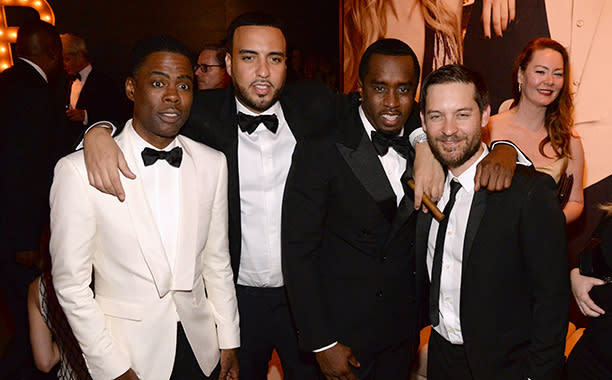 Sean "Puff Daddy" Combs with Chris Rock, French Montana, and Tobey Maguire at the 2016 Vanity Fair Oscar Party on February 28, 2016