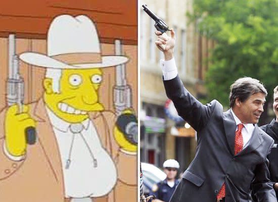 Texas Governor Rick Perry might actually out-Rich Texan the version from "The Simpsons," the unnamed Rich Texan.  For starters, Perry once shot a coyote while walking his dog. On the other hand, Perry doesn't block his beautiful crop of hair with a ten-gallon hat like Springfield's version.