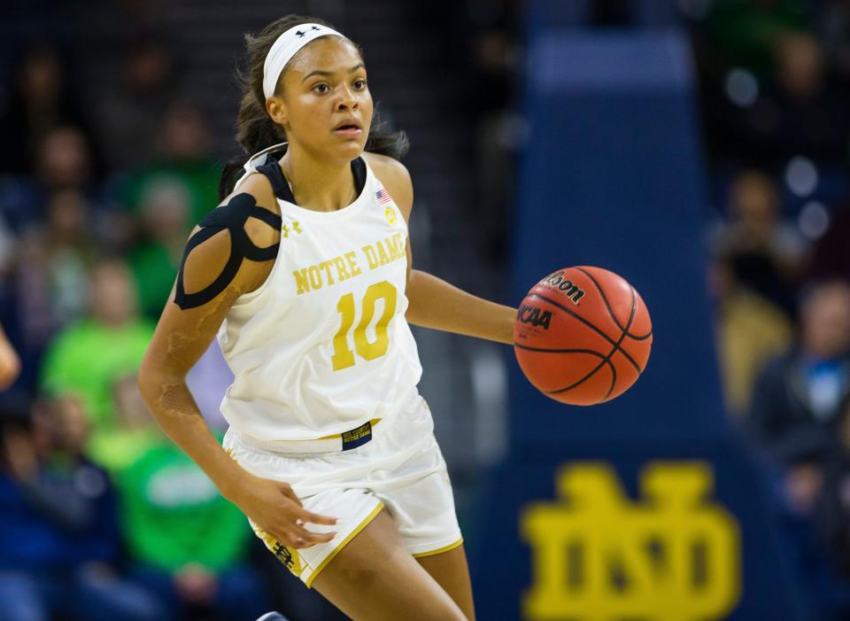 Notre Dame’s Katlyn Gilbert (10) dribbles against DePaul in South Bend, Ind. [South Bend Tribune]