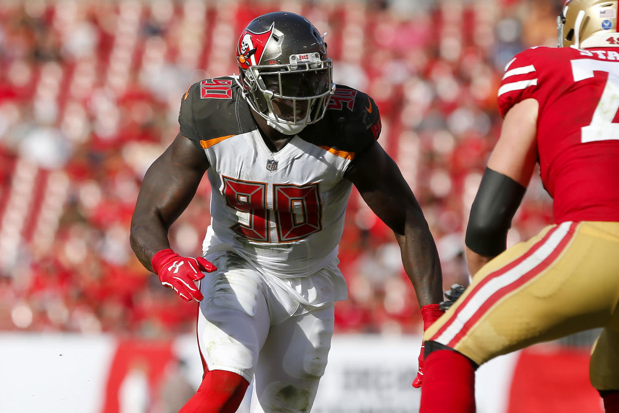 Jason Pierre-Paul is back on the Buccaneers' active roster six months after neck surgery. (Photo by Cliff Welch/Icon Sportswire via Getty Images)