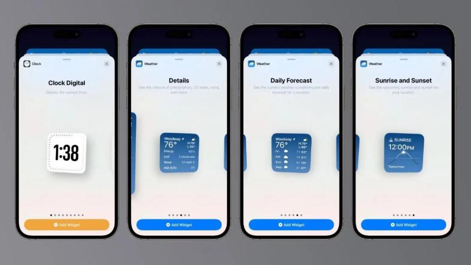 iOS 17.2 Beta測試版為天氣與時鐘APP帶來新的小工具。（圖／翻攝自9to5Mac）