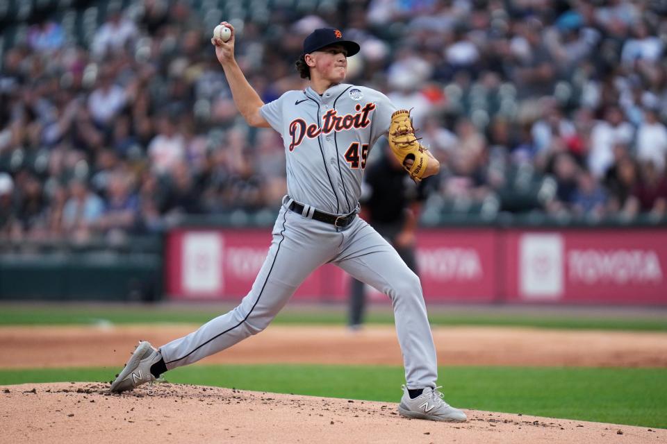 Detroit Tigers starting pitcher Reese Olson throws during the first inning against the Chicago White Sox at Guaranteed Rate Field in Chicago on Friday, June 2, 2023.