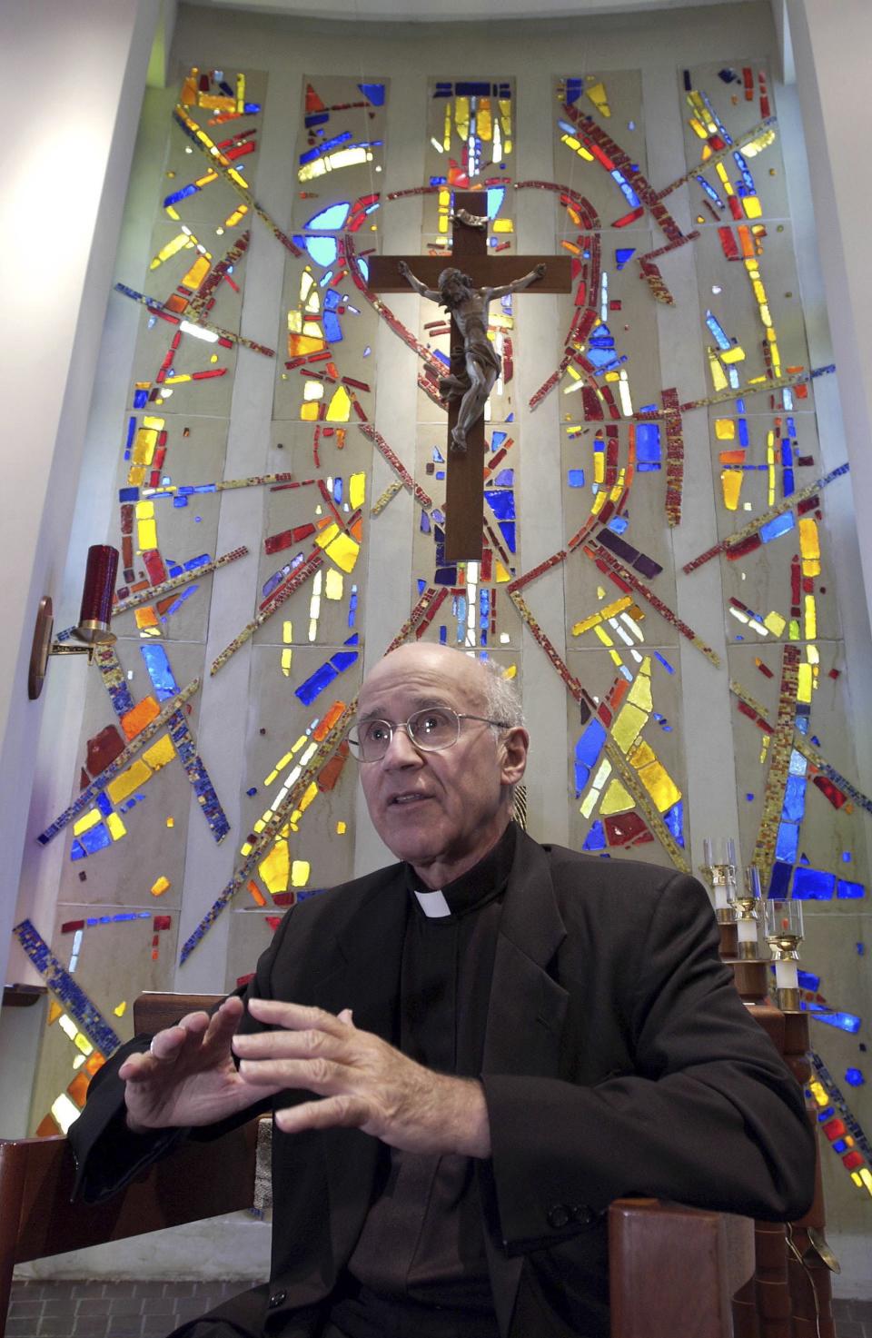 Bishop Victor Galeone of the Diocese of St. Augustine takes time for an interview in the Chapel of the Catholic Center.