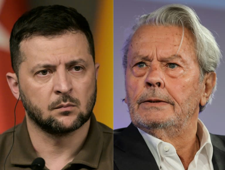 Le président ukrainien Volodymyr Zelensky (G) à Istanbul le 7 juillet 2023 et Alain Delon au Festival de Cannes le 19 mai 2019 (OZAN KOSE)