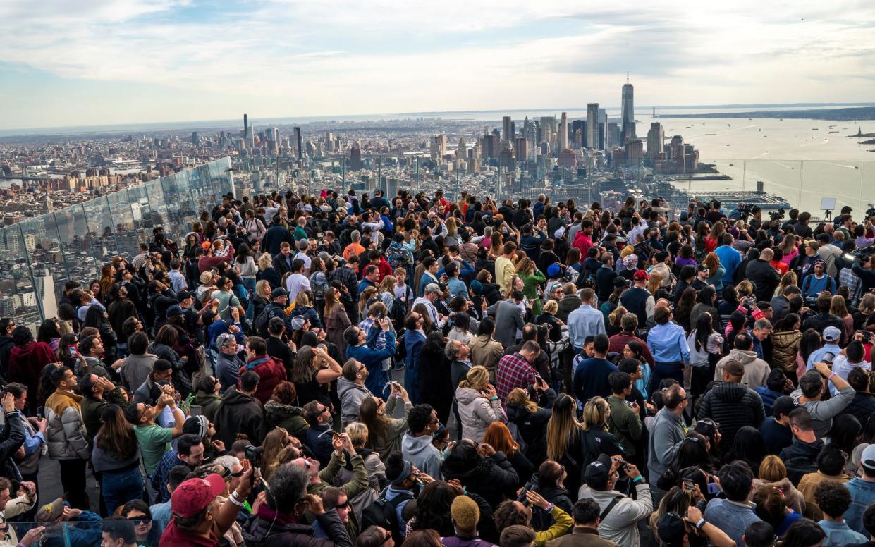 Crowds gathered on the observation deck of Edge at Hudson Yards in New York City