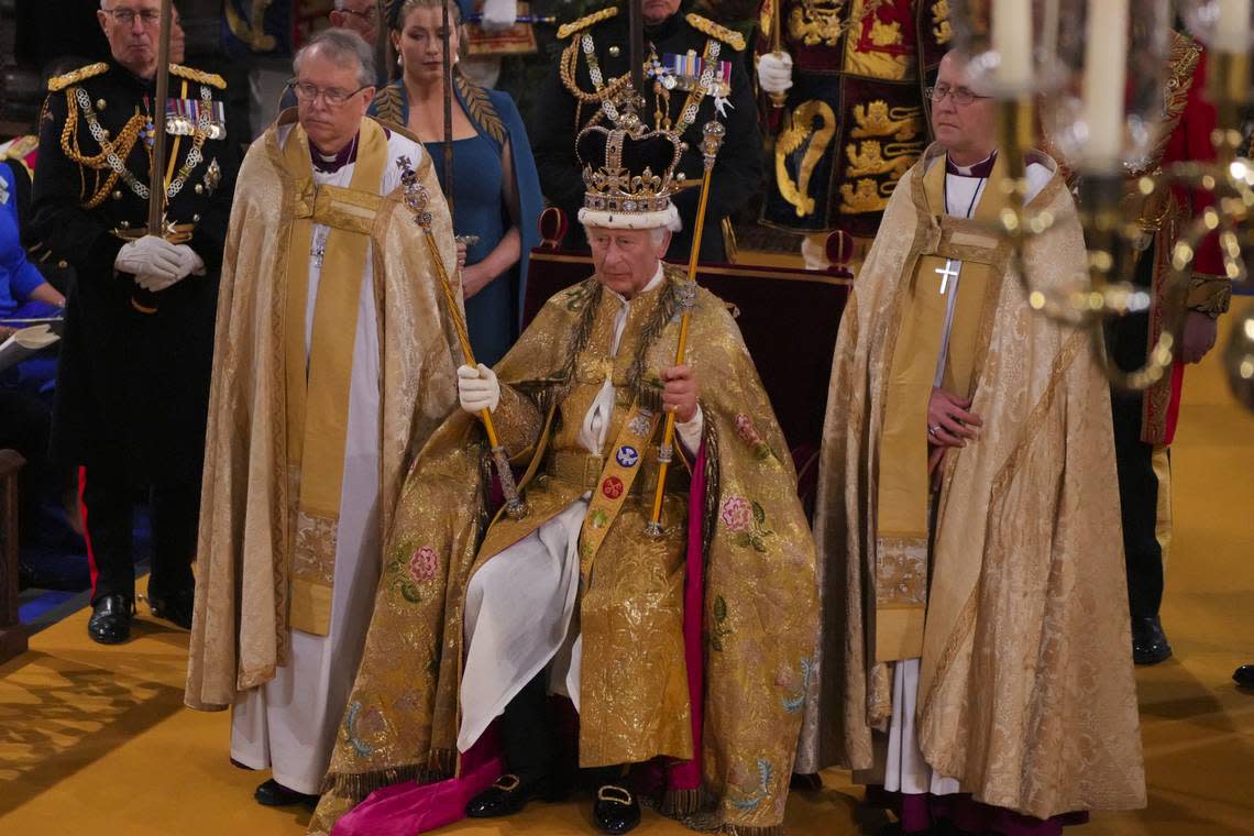 After being crowned king of Great Britain, Charles displays the Royal Ski Poles. Aaron Chown/PA Images/Alamy Images/Sipa USA