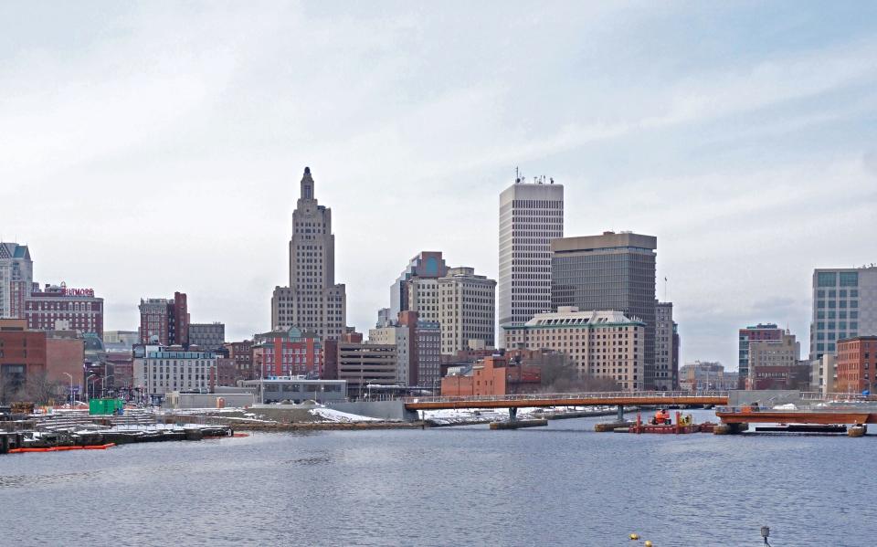 The view of Providence from the Point Street Bridge looking toward the city skyline.
