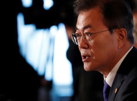 South Korea's President Moon Jae-in attends at their trilateral summit with Japan's Prime Minister Shinzo Abe and Chinese Premier Li Keqiang (not in picture) at Akasaka Palace state guest house in Tokyo, Japan May 9, 2018. REUTERS/Kim Kyung-Hoon/Pool
