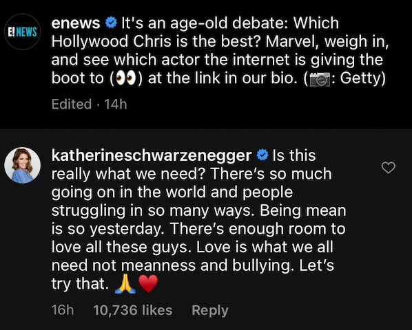 Katherine Schwarzenegger defends Chris PrattInstagram