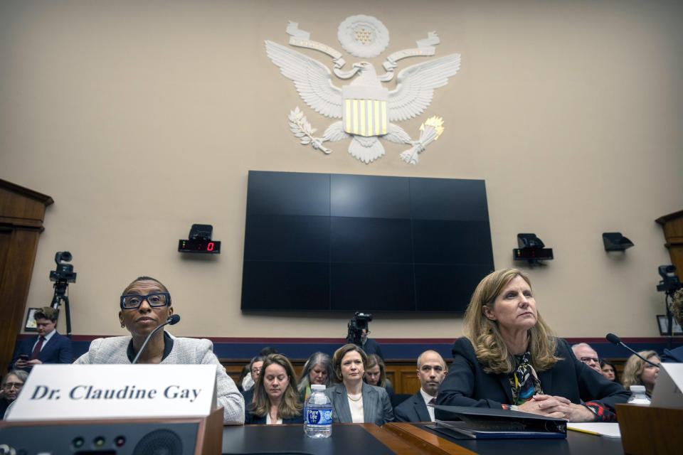 Harvard President Claudine Gay, left, speaks as University of Pennsylvania President Liz Magill listens during a hearing of the House Committee on Education on Capitol Hill, Tuesday, Dec. 5, 2023 in Washington. (AP Photo/Mark Schiefelbein)