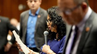 Arizona Republican state Rep. Teresa Martinez speaks on floor at the Capitol.