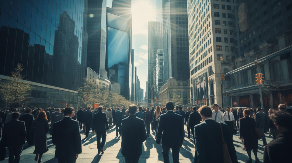 A busy city street with tall buildings and a crowd of people in business attire.