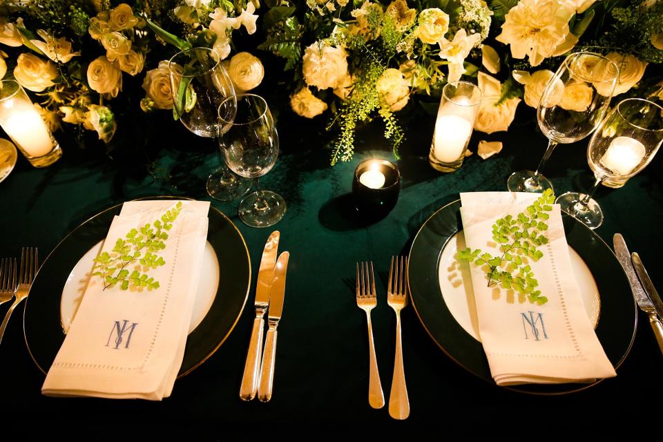 The bride wore Oscar de la Renta, inspired by her grandmother, for her greenery-filled ceremony at the Beverly Hills Hotel.