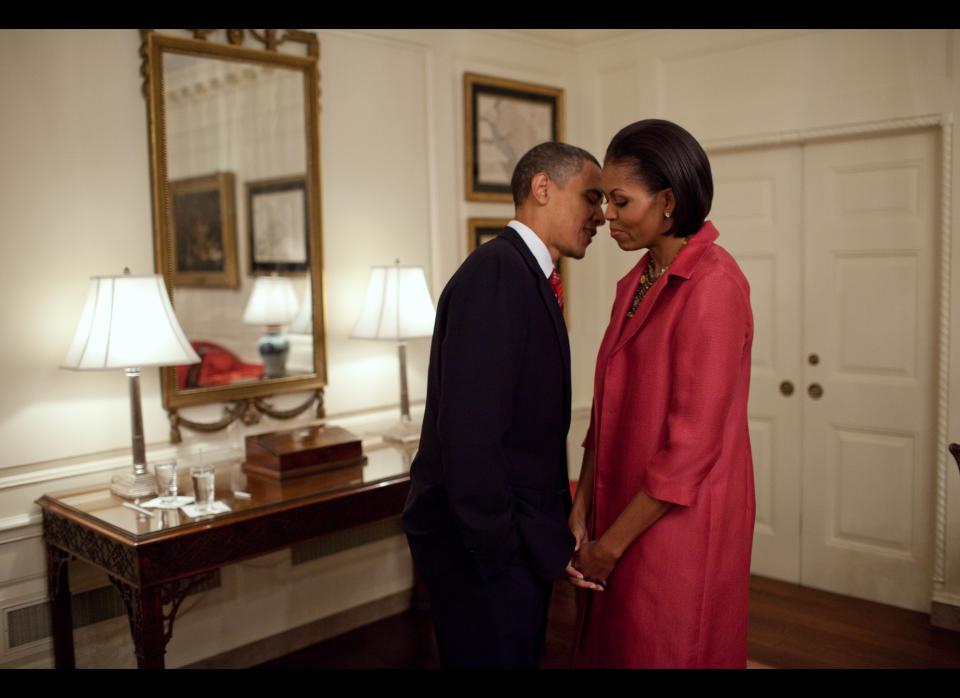 President Barack Obama and First Lady Michelle Obama wait in the Map Room of the White House, before welcoming President Felipe Calderón of Mexico and his wife, Mrs. Margarita Zavala, on the South Lawn of the White House, May 19, 2010.  