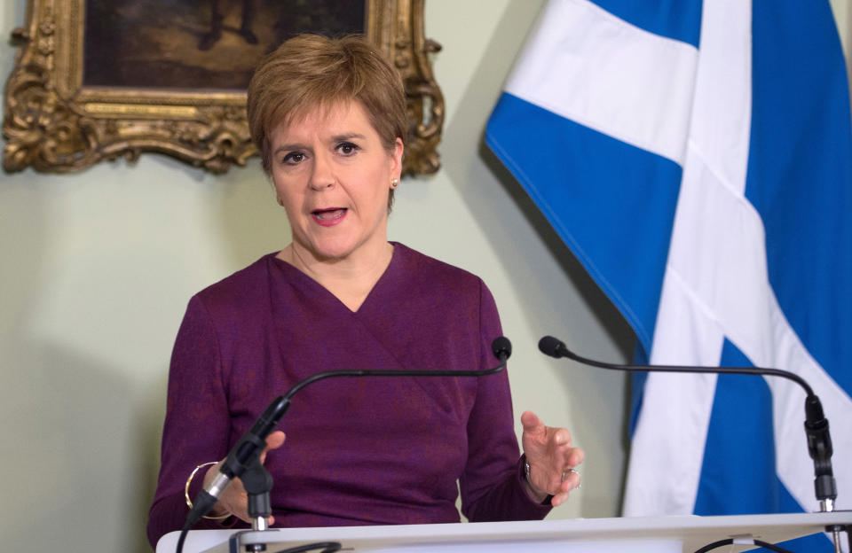 Scotland's First Minister Nicola Sturgeon sets out the case for a second referendum on Scottish independence, during a statement at Bute House in Edinburgh.