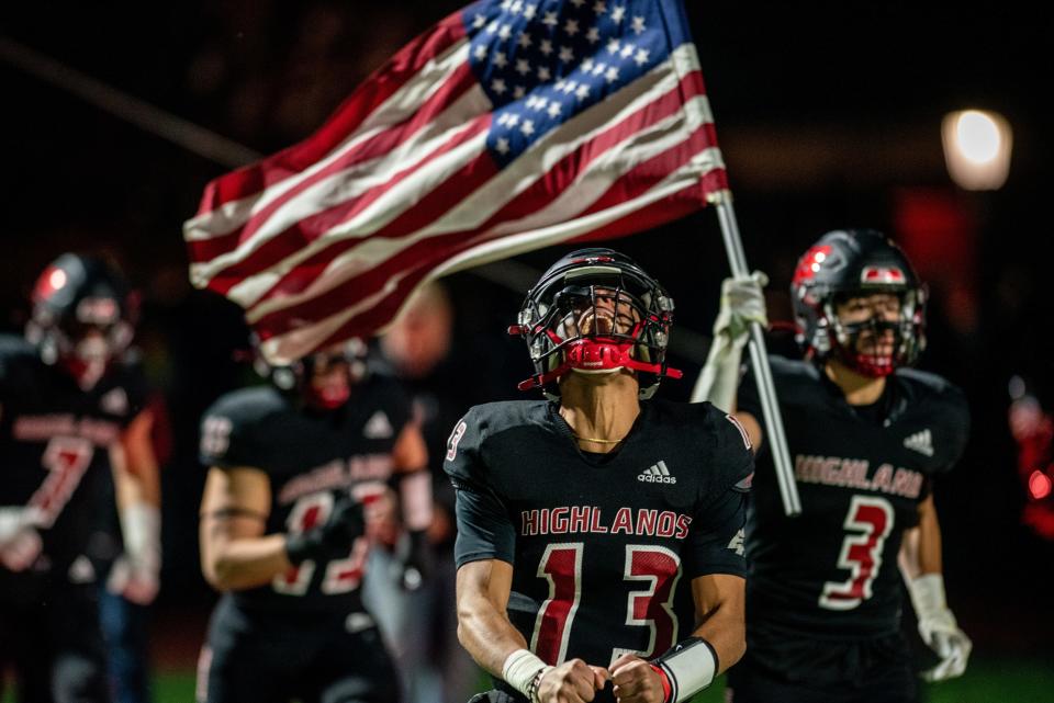 Northern Highlands hosts Ramapo in the North 1, Group 4 football title game in Allendale on Friday, Nov. 26, 2021. Northern Highlands runs into the field led by NH #13 Enzo Arjona.