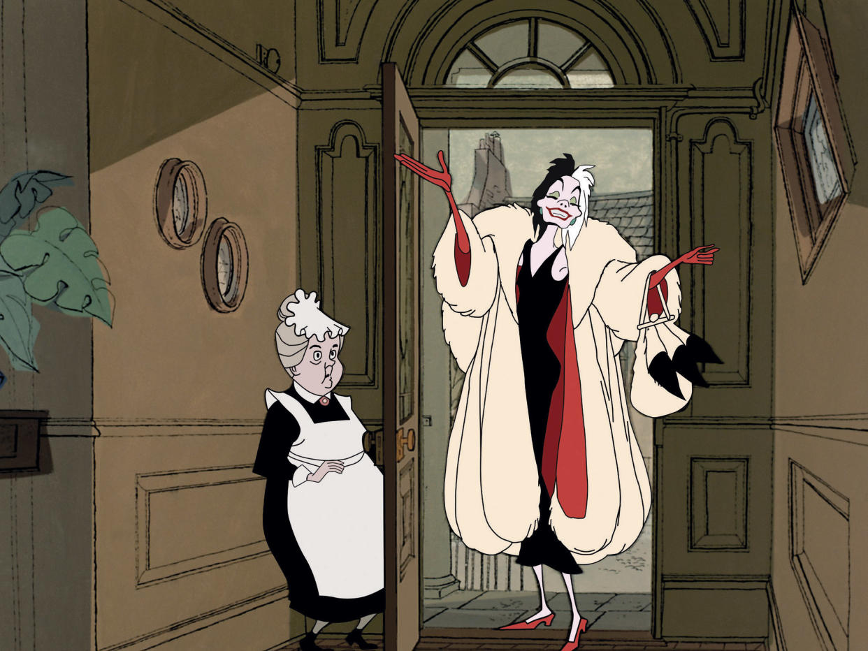 Here's Cruella! The Disney villainess made her grand entrance 60 years ago in the 1961 favorite, '101 Dalmatians' (Photo: Walt Disney Pictures/courtesy Everett Collection) 