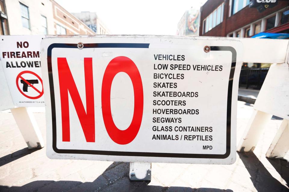 A sign of items prohibited on Beale Street is set up at Second and Beale in Memphis on Aug. 29, 2023.