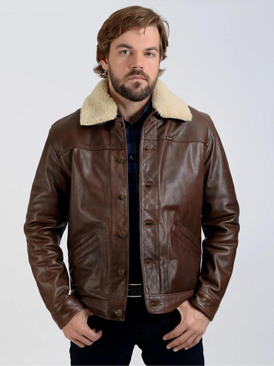 brown leather denim style jacket from wrangler with sherpa collar