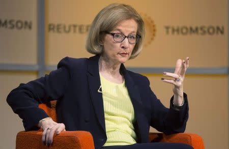 Daniele Nouy, chair of the Supervisory Board of the European Central Bank, speaks at a Thomson Reuters newsmaker event at Canary Wharf in London November 28, 2014. REUTERS/Neil Hall