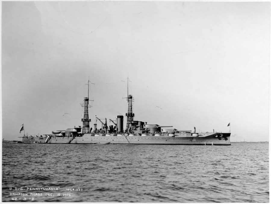 USS Pennsylvania (BB-38) in Hampton Roads, Virginia, on 10 December 1916. (U.S. Naval History and Heritage Command Photograph)