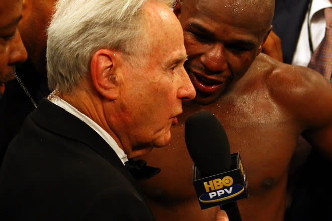 <b>Floyd Mayweather rants against HBO analyst Larry Merchant:</b> After Mayweather's controversial TKO of Victor Ortiz, Merchant pressed 'Money' in his post-fight interview, saying Mayweather deliver a cheap shot. Mayweather responded with rage, saying the analyst doesn't know anything...but in other words. See <a href="https://www.youtube.com/watch?v=A22lCDkE4yU" rel="nofollow noopener" target="_blank" data-ylk="slk:the NSFW video (due to language) here;elm:context_link;itc:0;sec:content-canvas" class="link ">the NSFW video (due to language) here</a>. (Getty)