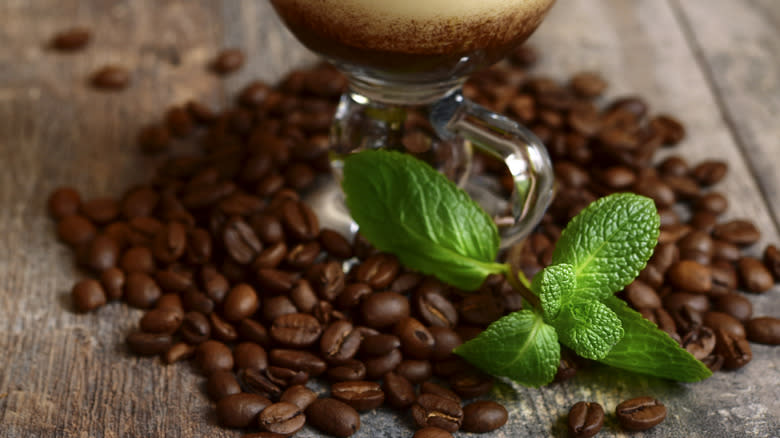 coffee beans with mint leaves