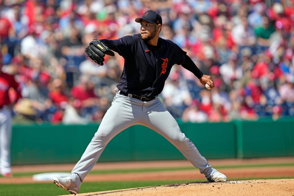 Tigers pitcher Eduardo Rodriguez throws against the Phillies during the first inning of a spring training game on Friday, March 3, 2023, in Clearwater, Florida.
