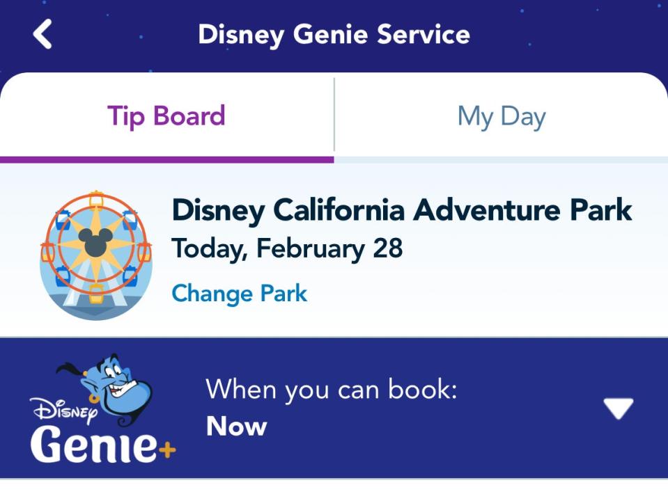 screengrab of the disneyland genie+ app on a smartphone