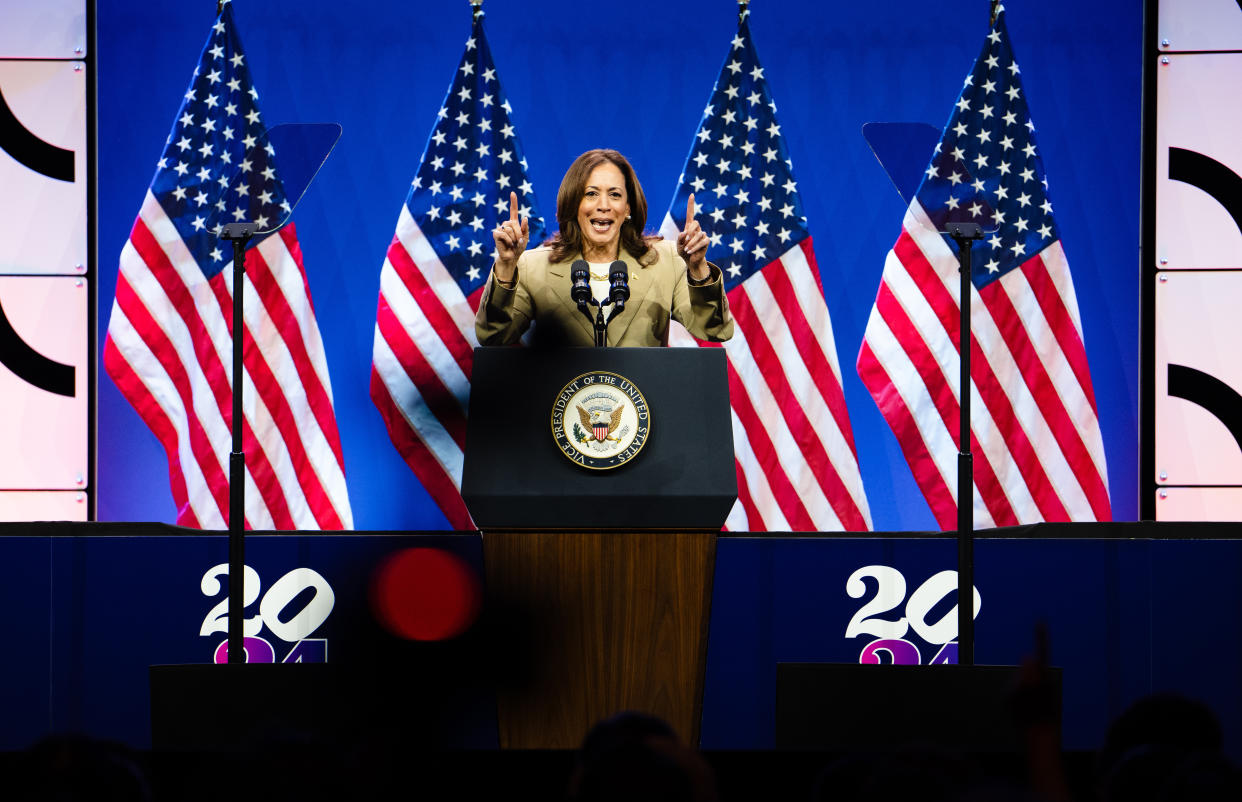 Vice President Kamala Harris speaks at a reelection campaign event in Philadelphia, Pa., on Saturday, July 13, 2024.  (Erin Schaff/The New York Times)