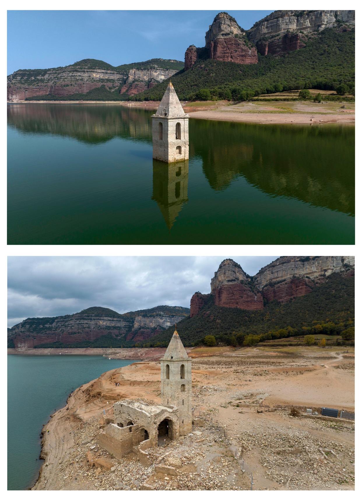 This combo of images shows from the top, an 11th century Romanesque church partially exposed in a reservoir in Vilanova de Sau, Catalonia, Spain, on Monday, June 20, 2022, and the same spot on Friday, November 18, 2022.